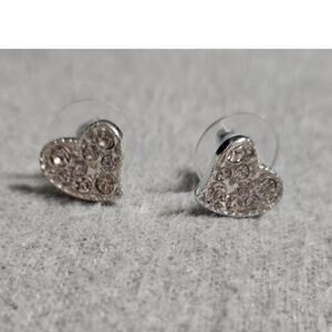 Beautiful Delicate Silver-Tone Pave Swarovski Crystal Heart Studs in Gift Box